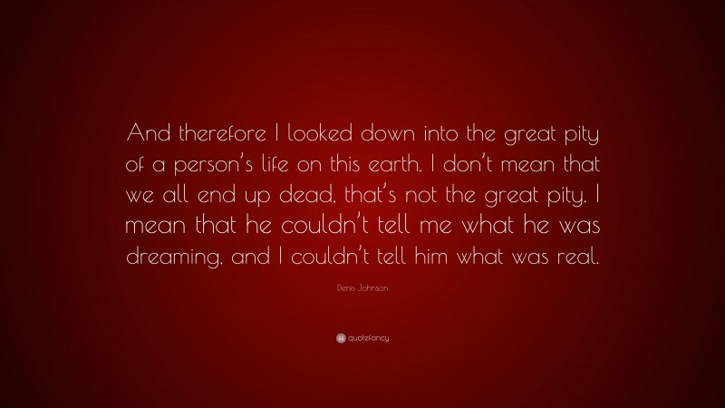 Denis Johnson Quote: “And therefore I looked down into the great pity of a person’s life on this earth. I don’t mean that we all end up dead, that’s not the great pity. I mean that he couldn’t tell me what he was dreaming, and I couldn’t tell him what was real.”