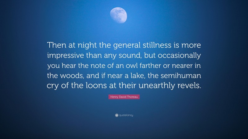 Henry David Thoreau Quote: “Then at night the general stillness is more impressive than any sound, but occasionally you hear the note of an owl farther or nearer in the woods, and if near a lake, the semihuman cry of the loons at their unearthly revels.”