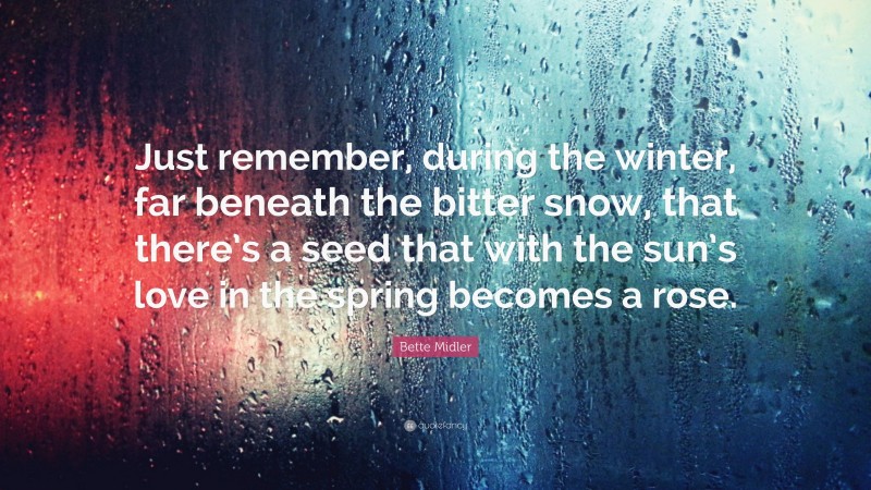 Bette Midler Quote: “Just remember, during the winter, far beneath the bitter snow, that there’s a seed that with the sun’s love in the spring becomes a rose.”
