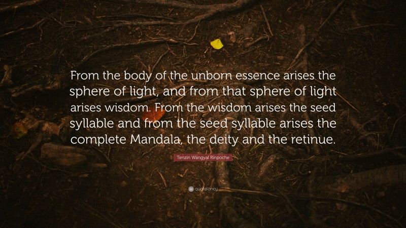 Tenzin Wangyal Rinpoche Quote: “From the body of the unborn essence arises the sphere of light, and from that sphere of light arises wisdom. From the wisdom arises the seed syllable and from the seed syllable arises the complete Mandala, the deity and the retinue.”