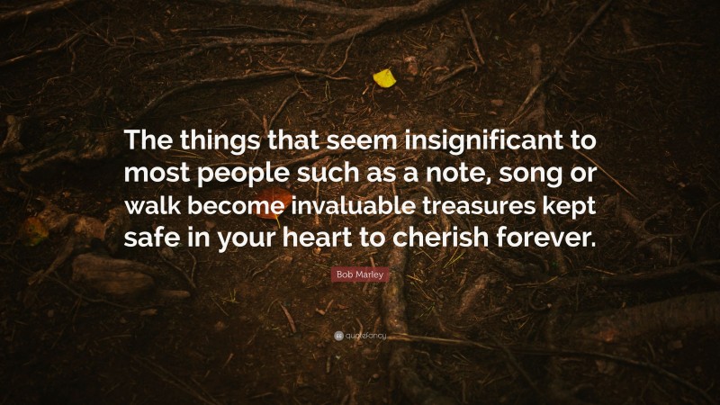 Bob Marley Quote: “The things that seem insignificant to most people such as a note, song or walk become invaluable treasures kept safe in your heart to cherish forever.”