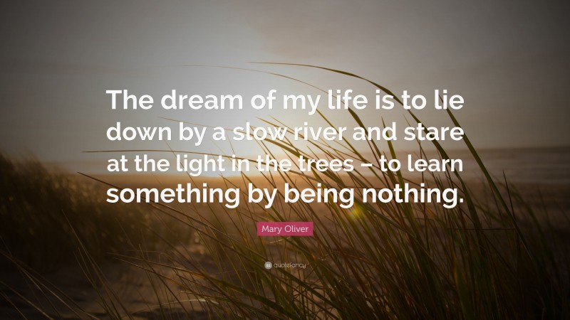 Mary Oliver Quote: “The dream of my life is to lie down by a slow river and stare at the light in the trees – to learn something by being nothing.”