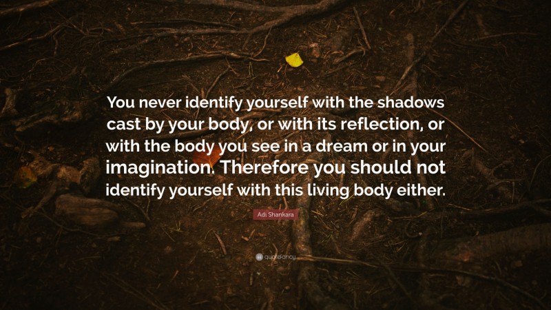 Adi Shankara Quote: “You never identify yourself with the shadows cast by your body, or with its reflection, or with the body you see in a dream or in your imagination. Therefore you should not identify yourself with this living body either.”