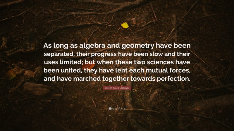Joseph-Louis Lagrange Quote: “As long as algebra and geometry have been separated, their progress have been slow and their uses limited; but when these two sciences have been united, they have lent each mutual forces, and have marched together towards perfection.”
