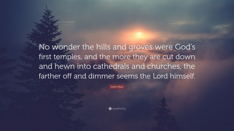 John Muir Quote: “No wonder the hills and groves were God’s first temples, and the more they are cut down and hewn into cathedrals and churches, the farther off and dimmer seems the Lord himself.”