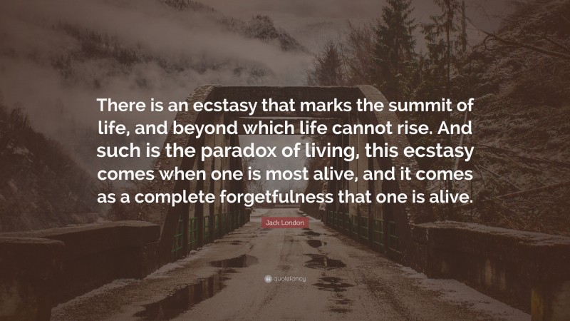Jack London Quote: “There is an ecstasy that marks the summit of life, and beyond which life cannot rise. And such is the paradox of living, this ecstasy comes when one is most alive, and it comes as a complete forgetfulness that one is alive.”