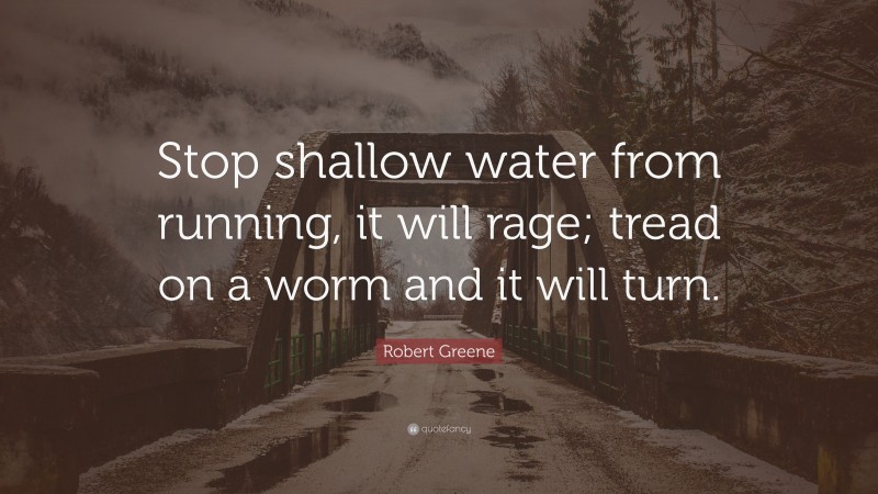 Robert Greene Quote: “Stop shallow water from running, it will rage; tread on a worm and it will turn.”