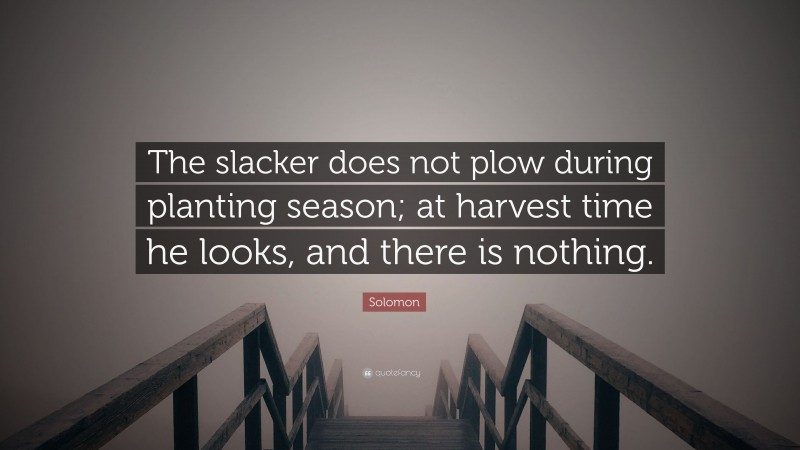 Solomon Quote: “The slacker does not plow during planting season; at harvest time he looks, and there is nothing.”