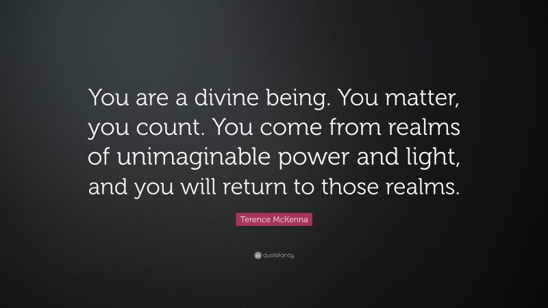 Terence McKenna Quote: “You are a divine being. You matter, you count. You come from realms of unimaginable power and light, and you will return to those realms.”