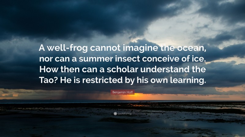 Benjamin Hoff Quote: “A well-frog cannot imagine the ocean, nor can a summer insect conceive of ice. How then can a scholar understand the Tao? He is restricted by his own learning.”