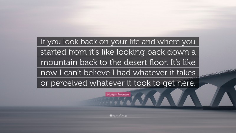 Morgan Freeman Quote: “If you look back on your life and where you started from it’s like looking back down a mountain back to the desert floor. It’s like now I can’t believe I had whatever it takes or perceived whatever it took to get here.”