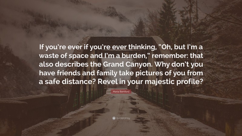 Maria Bamford Quote: “If you’re ever if you’re ever thinking, “Oh, but I’m a waste of space and I’m a burden,” remember: that also describes the Grand Canyon. Why don’t you have friends and family take pictures of you from a safe distance? Revel in your majestic profile?”
