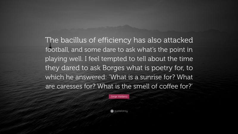 Jorge Valdano Quote: “The bacillus of efficiency has also attacked football, and some dare to ask what’s the point in playing well. I feel tempted to tell about the time they dared to ask Borges what is poetry for, to which he answered: ‘What is a sunrise for? What are caresses for? What is the smell of coffee for?’”