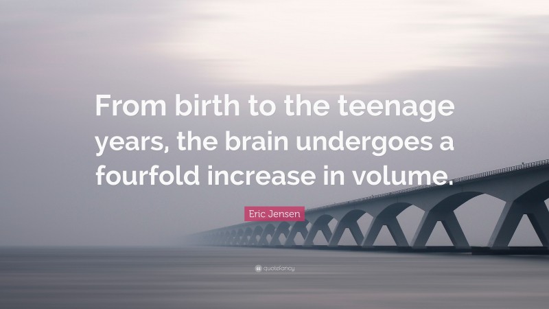 Eric Jensen Quote: “From birth to the teenage years, the brain undergoes a fourfold increase in volume.”