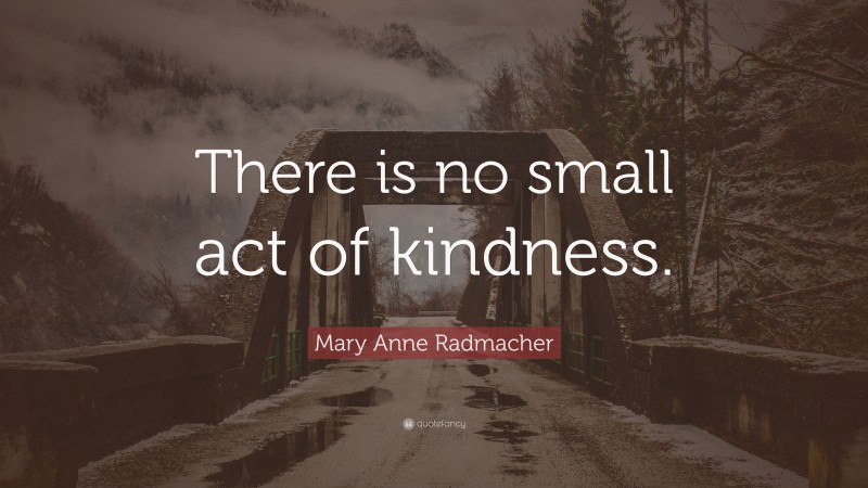 Mary Anne Radmacher Quote: “There is no small act of kindness.”