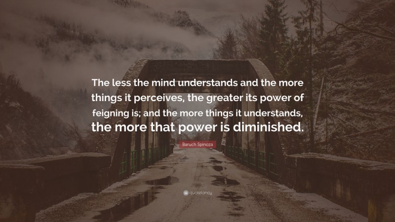 Baruch Spinoza Quote: “The less the mind understands and the more things it perceives, the greater its power of feigning is; and the more things it understands, the more that power is diminished.”