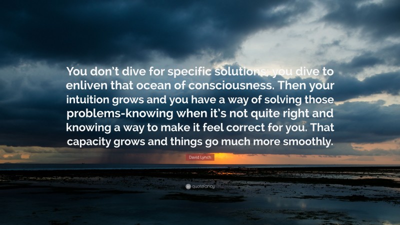 David Lynch Quote: “You don’t dive for specific solutions; you dive to enliven that ocean of consciousness. Then your intuition grows and you have a way of solving those problems-knowing when it’s not quite right and knowing a way to make it feel correct for you. That capacity grows and things go much more smoothly.”
