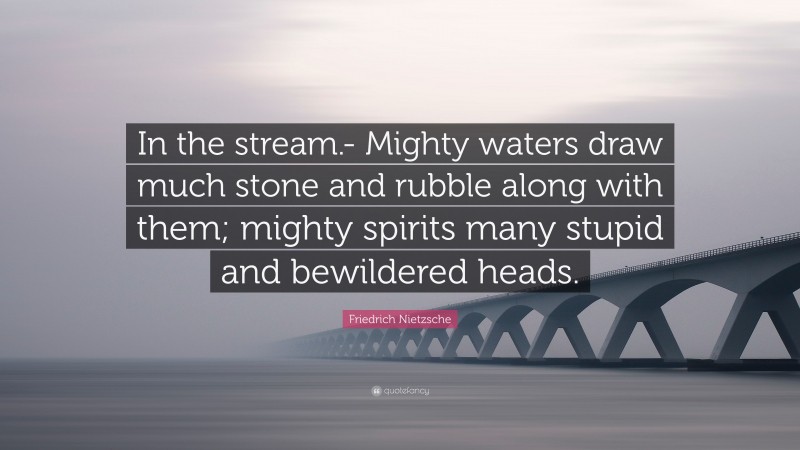 Friedrich Nietzsche Quote: “In the stream.- Mighty waters draw much stone and rubble along with them; mighty spirits many stupid and bewildered heads.”
