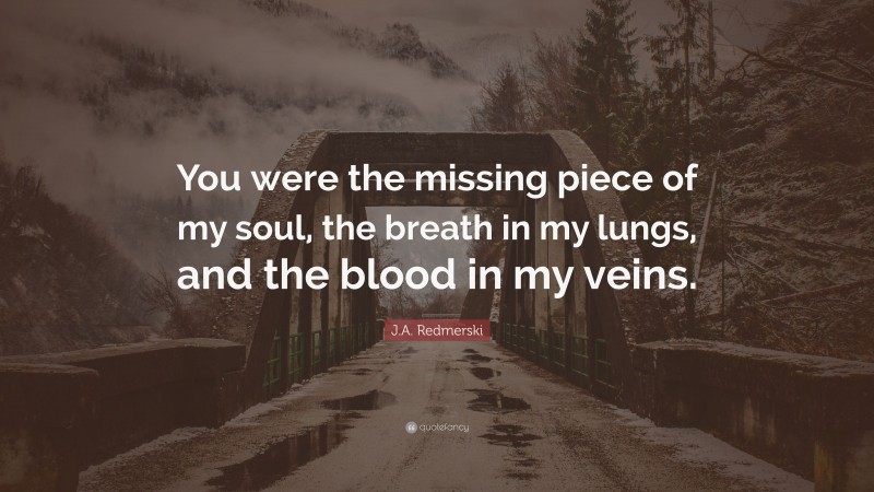J.A. Redmerski Quote: “You were the missing piece of my soul, the breath in my lungs, and the blood in my veins.”
