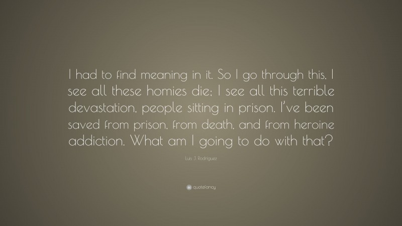 Luis J. Rodríguez Quote: “I had to find meaning in it. So I go through this, I see all these homies die; I see all this terrible devastation, people sitting in prison. I’ve been saved from prison, from death, and from heroine addiction. What am I going to do with that?”