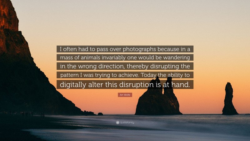 Art Wolfe Quote: “I often had to pass over photographs because in a mass of animals invariably one would be wandering in the wrong direction, thereby disrupting the pattern I was trying to achieve. Today the ability to digitally alter this disruption is at hand.”