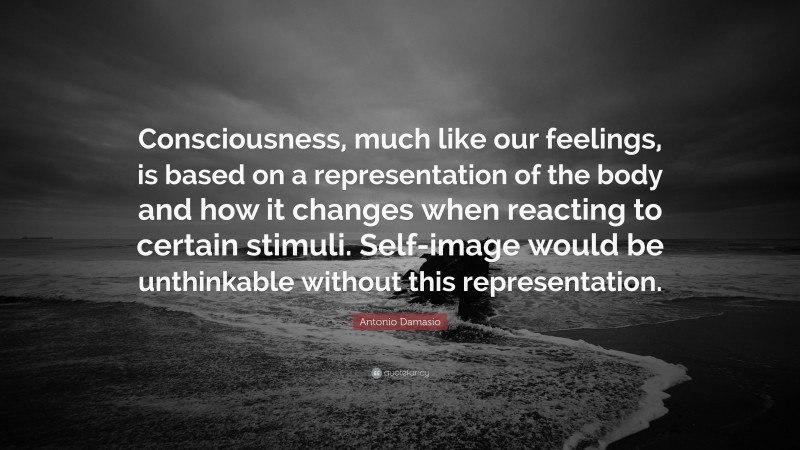 Antonio Damasio Quote: “Consciousness, much like our feelings, is based on a representation of the body and how it changes when reacting to certain stimuli. Self-image would be unthinkable without this representation.”