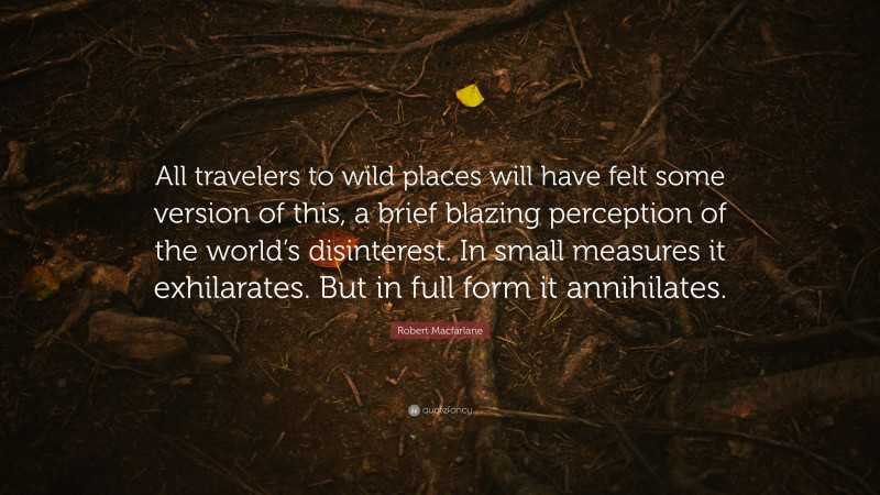 Robert Macfarlane Quote: “All travelers to wild places will have felt some version of this, a brief blazing perception of the world’s disinterest. In small measures it exhilarates. But in full form it annihilates.”