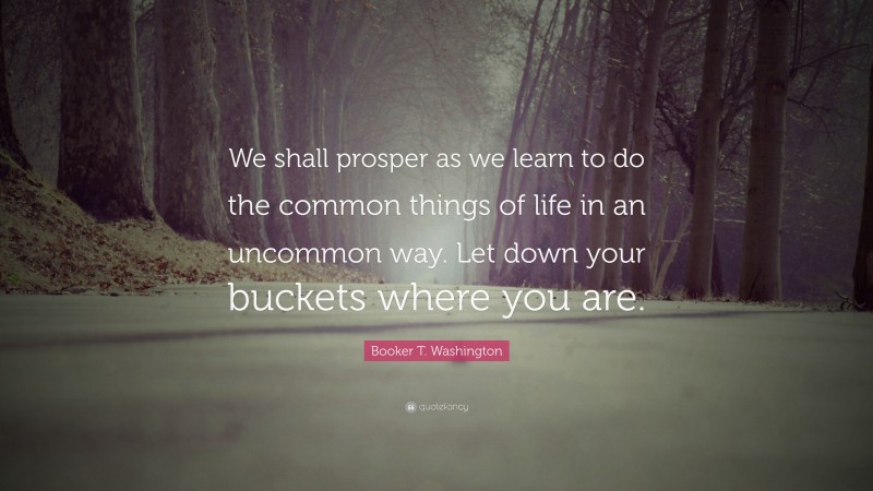 Booker T. Washington Quote: “We shall prosper as we learn to do the common things of life in an uncommon way. Let down your buckets where you are.”