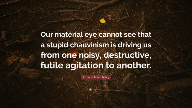 Anne Sullivan Macy Quote: “Our material eye cannot see that a stupid chauvinism is driving us from one noisy, destructive, futile agitation to another.”