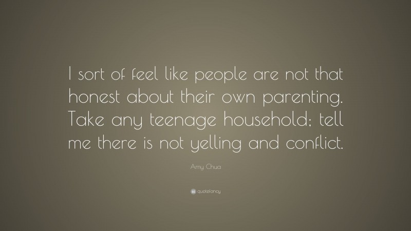 Amy Chua Quote: “I sort of feel like people are not that honest about their own parenting. Take any teenage household; tell me there is not yelling and conflict.”