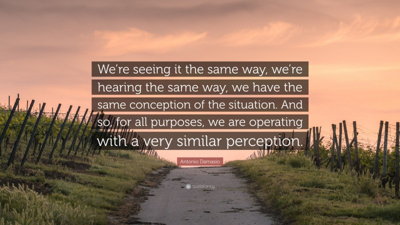 Antonio Damasio Quote: “We’re seeing it the same way, we’re hearing the same way, we have the same conception of the situation. And so, for all purposes, we are operating with a very similar perception.”