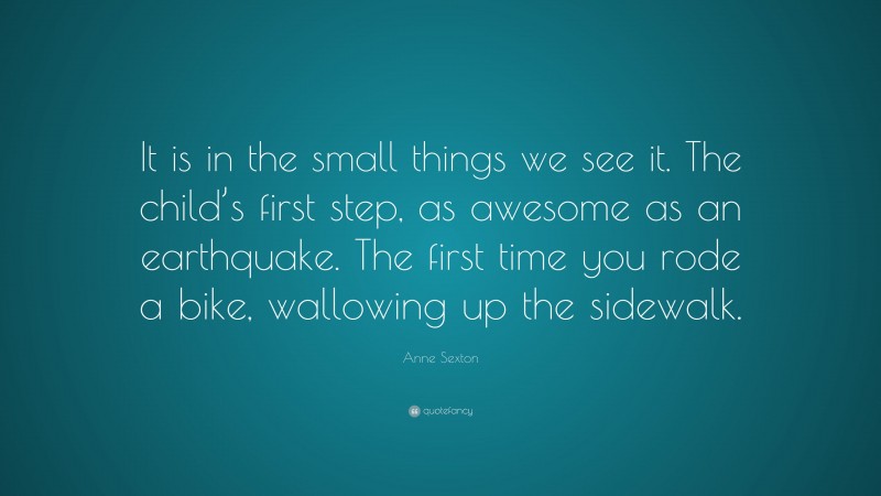Anne Sexton Quote: “It is in the small things we see it. The child’s first step, as awesome as an earthquake. The first time you rode a bike, wallowing up the sidewalk.”