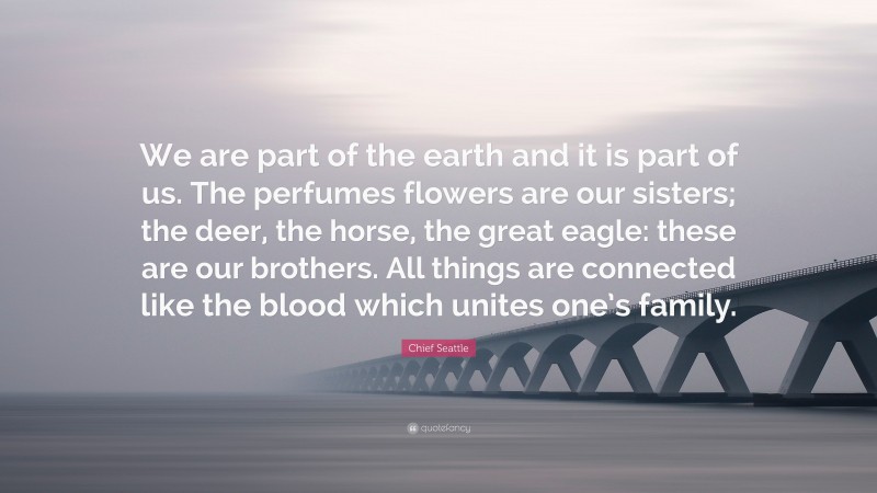 Chief Seattle Quote: “We are part of the earth and it is part of us. The perfumes flowers are our sisters; the deer, the horse, the great eagle: these are our brothers. All things are connected like the blood which unites one’s family.”