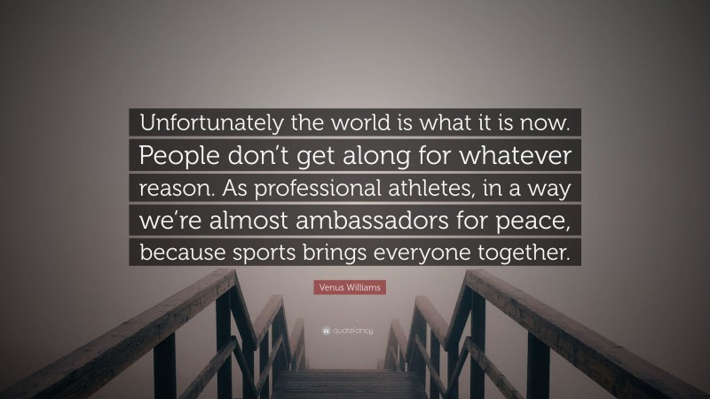 Venus Williams Quote: “Unfortunately the world is what it is now. People don’t get along for whatever reason. As professional athletes, in a way we’re almost ambassadors for peace, because sports brings everyone together.”
