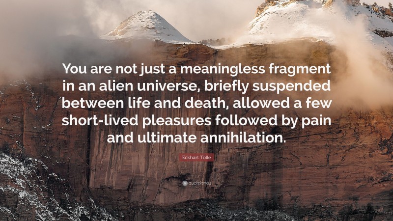 Eckhart Tolle Quote: “You are not just a meaningless fragment in an alien universe, briefly suspended between life and death, allowed a few short-lived pleasures followed by pain and ultimate annihilation.”