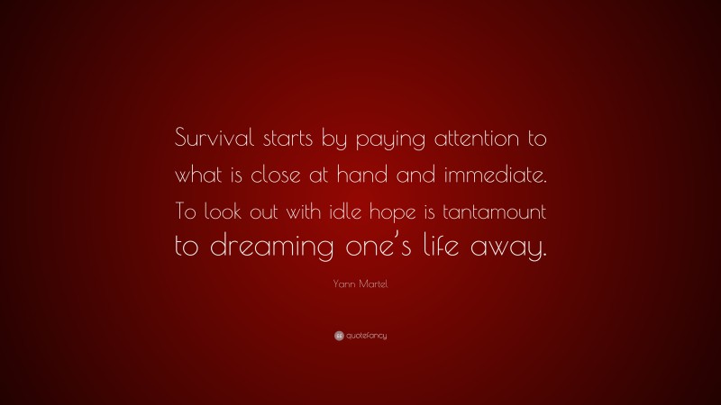 Yann Martel Quote: “Survival starts by paying attention to what is close at hand and immediate. To look out with idle hope is tantamount to dreaming one’s life away.”