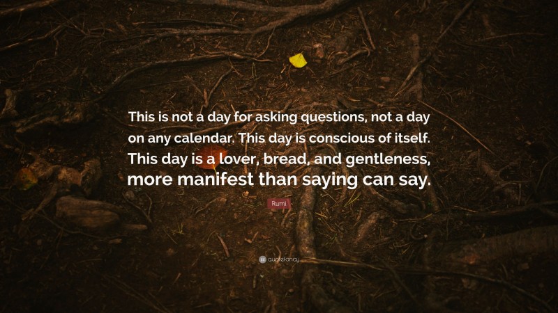 Rumi Quote: “This is not a day for asking questions, not a day on any calendar. This day is conscious of itself. This day is a lover, bread, and gentleness, more manifest than saying can say.”