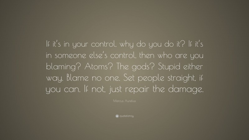 Marcus Aurelius Quote: “If it’s in your control, why do you do it? If it’s in someone else’s control, then who are you blaming? Atoms? The gods? Stupid either way. Blame no one. Set people straight, if you can. If not, just repair the damage.”
