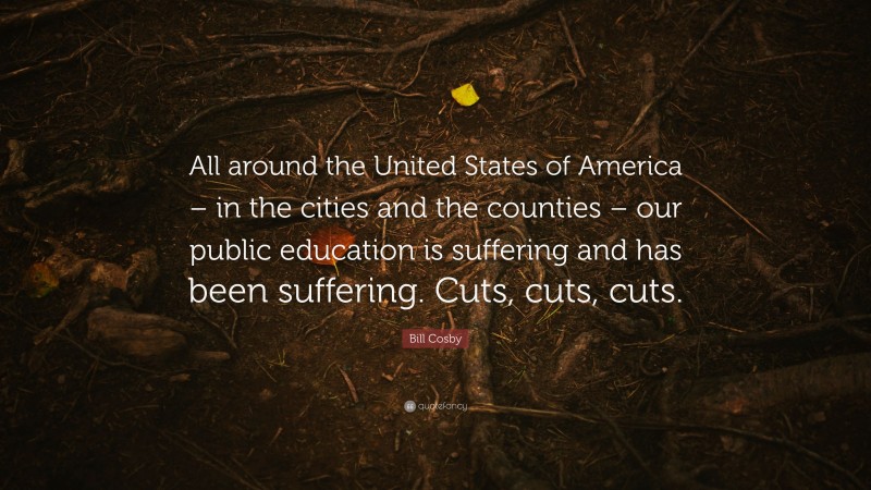 Bill Cosby Quote: “All around the United States of America – in the cities and the counties – our public education is suffering and has been suffering. Cuts, cuts, cuts.”