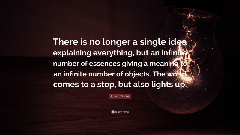 Albert Camus Quote: “There is no longer a single idea explaining everything, but an infinite number of essences giving a meaning to an infinite number of objects. The world comes to a stop, but also lights up.”