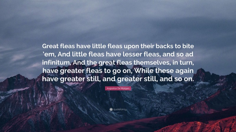 Augustus De Morgan Quote: “Great fleas have little fleas upon their backs to bite ’em, And little fleas have lesser fleas, and so ad infinitum, And the great fleas themselves, in turn, have greater fleas to go on, While these again have greater still, and greater still, and so on.”