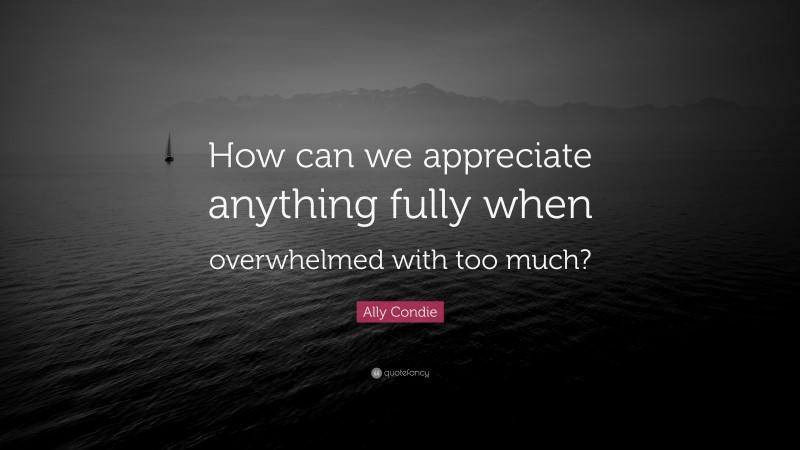 Ally Condie Quote: “How can we appreciate anything fully when overwhelmed with too much?”