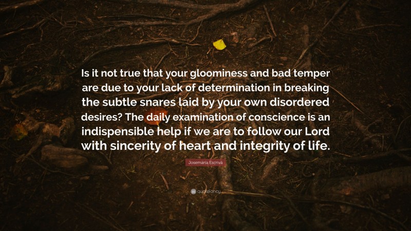 Josemaría Escrivá Quote: “Is it not true that your gloominess and bad temper are due to your lack of determination in breaking the subtle snares laid by your own disordered desires? The daily examination of conscience is an indispensible help if we are to follow our Lord with sincerity of heart and integrity of life.”