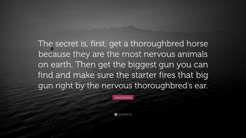 Jesse Owens Quote: “The secret is, first, get a thoroughbred horse because they are the most nervous animals on earth. Then get the biggest gun you can find and make sure the starter fires that big gun right by the nervous thoroughbred’s ear.”
