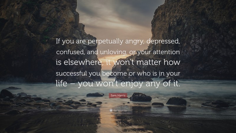 Sam Harris Quote: “If you are perpetually angry, depressed, confused, and unloving, or your attention is elsewhere, it won’t matter how successful you become or who is in your life – you won’t enjoy any of it.”