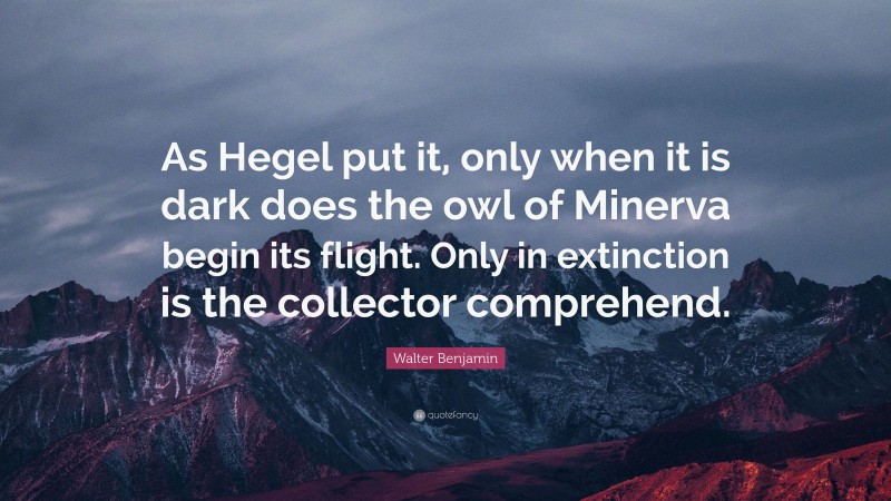 Walter Benjamin Quote: “As Hegel put it, only when it is dark does the owl of Minerva begin its flight. Only in extinction is the collector comprehend.”