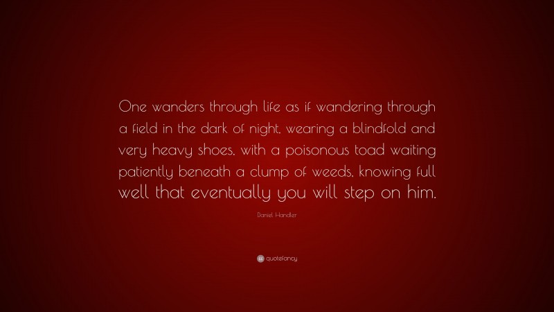 Daniel Handler Quote: “One wanders through life as if wandering through a field in the dark of night, wearing a blindfold and very heavy shoes, with a poisonous toad waiting patiently beneath a clump of weeds, knowing full well that eventually you will step on him.”