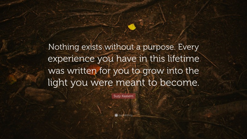 Suzy Kassem Quote: “Nothing exists without a purpose. Every experience you have in this lifetime was written for you to grow into the light you were meant to become.”