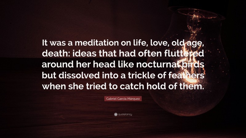Gabriel Garcí­a Márquez Quote: “It was a meditation on life, love, old age, death: ideas that had often fluttered around her head like nocturnal birds but dissolved into a trickle of feathers when she tried to catch hold of them.”