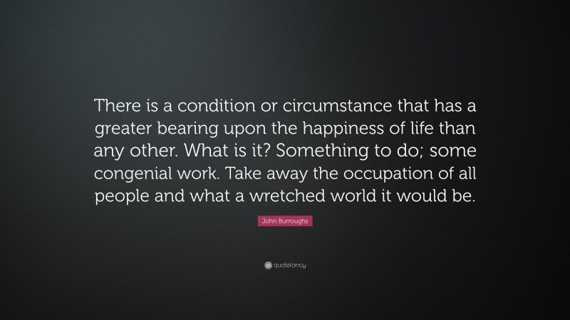 John Burroughs Quote: “There is a condition or circumstance that has a greater bearing upon the happiness of life than any other. What is it? Something to do; some congenial work. Take away the occupation of all people and what a wretched world it would be.”